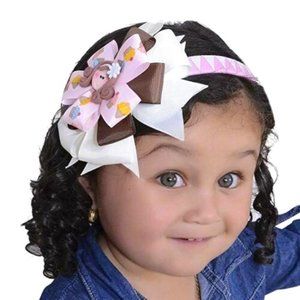 Girl's Headband Flower Design Pink White & Brown with Doll Face Charm